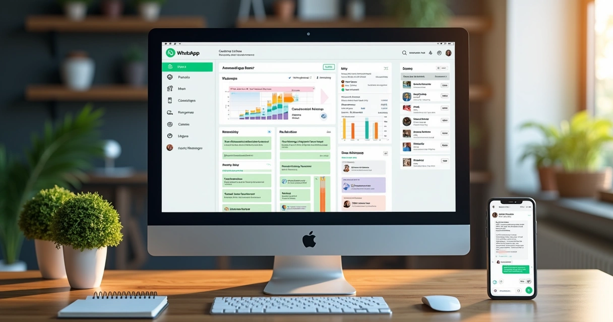 Tela de computador mostrando dashboard de base de conhecimento para IA integrada ao WhatsApp, interface visual com fluxos, dados e estatísticas coloridas 