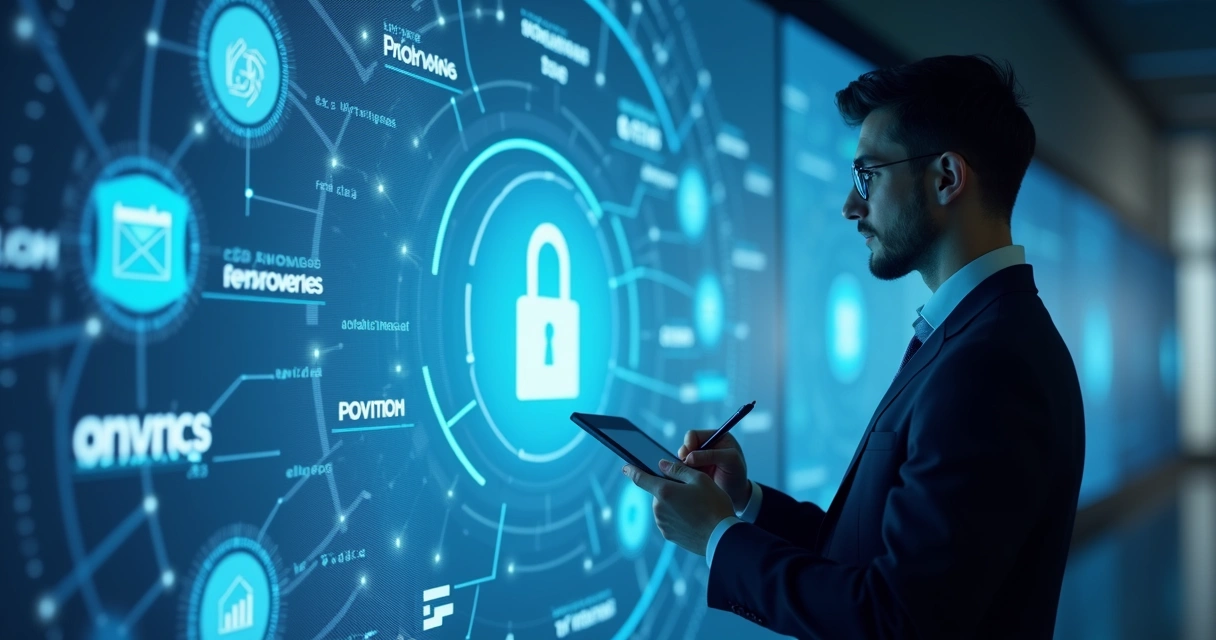 Pessoa analisando informações em um painel digital, representando banco de dados B2C. 