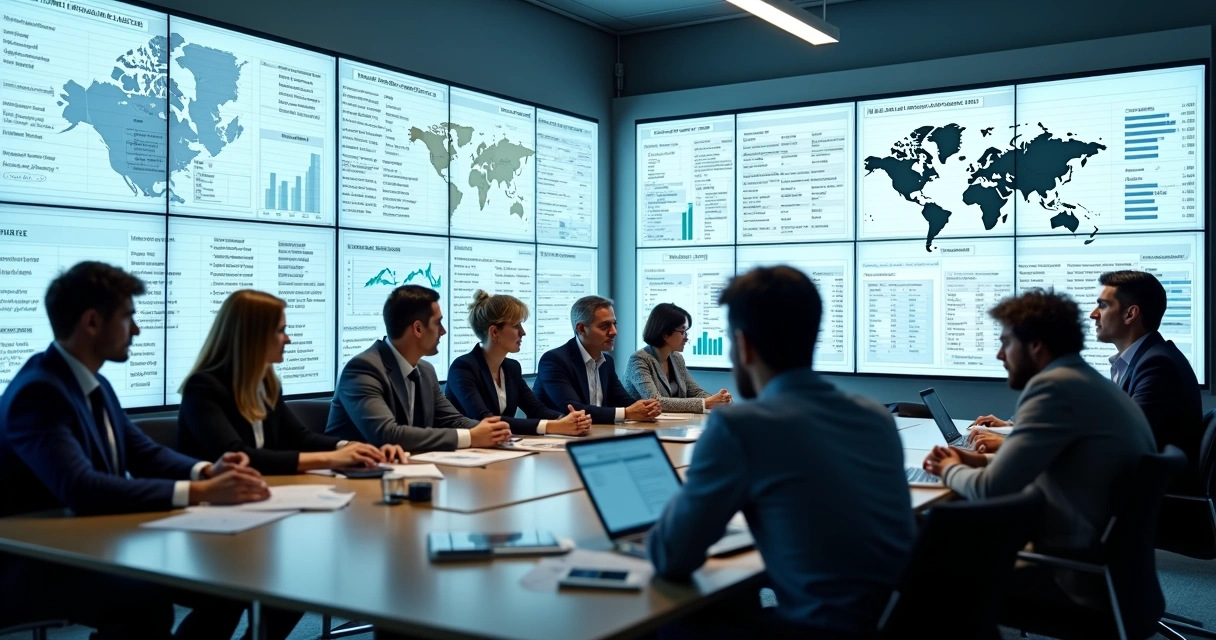 Equipe avaliando base de dados empresarial em computadores 