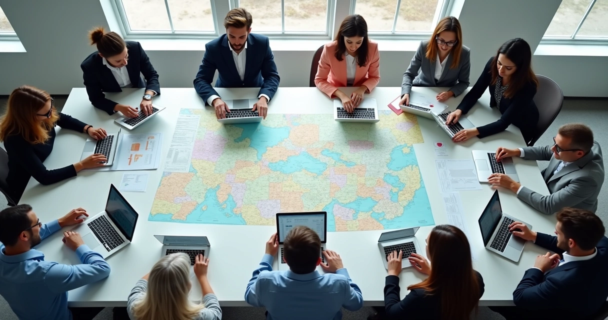 Organização de base eleitoral com pessoas reunidas ao redor de uma grande mesa com computadores e mapas digitais 