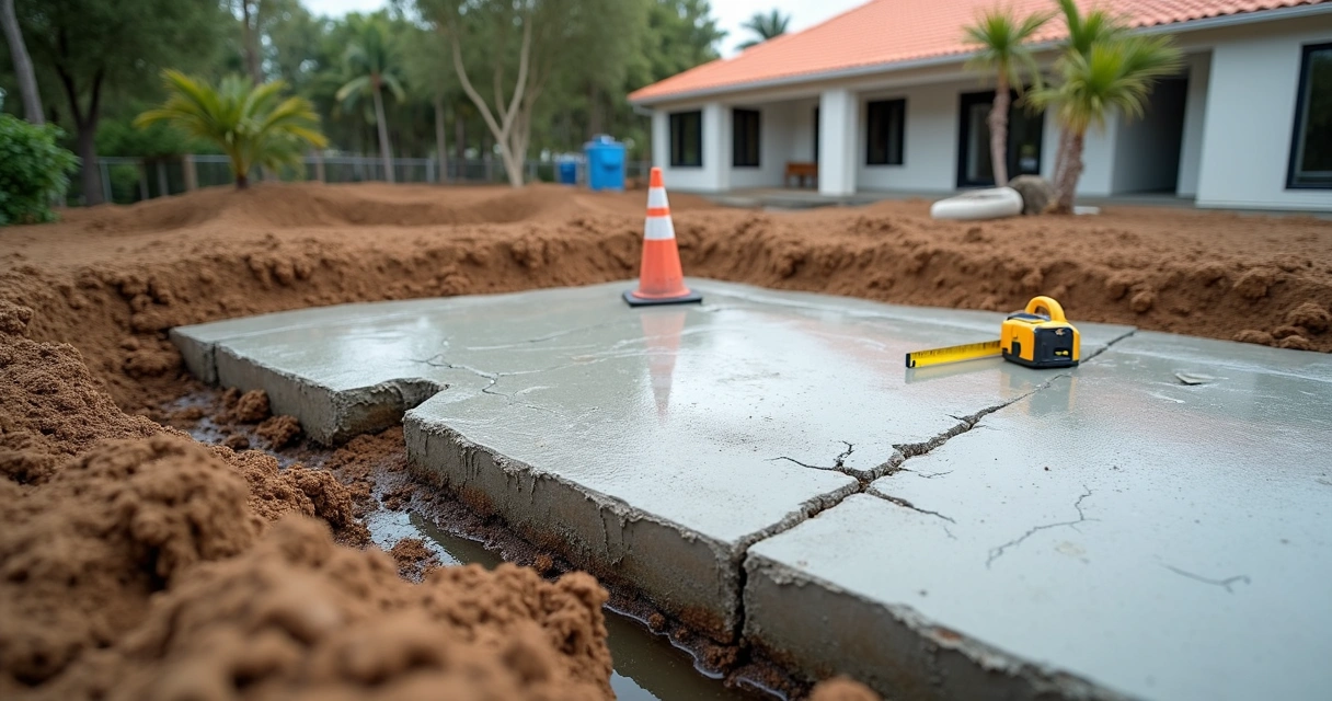 Base de laje aberta mostrando falhas de drenagem em solo úmido na Flórida 