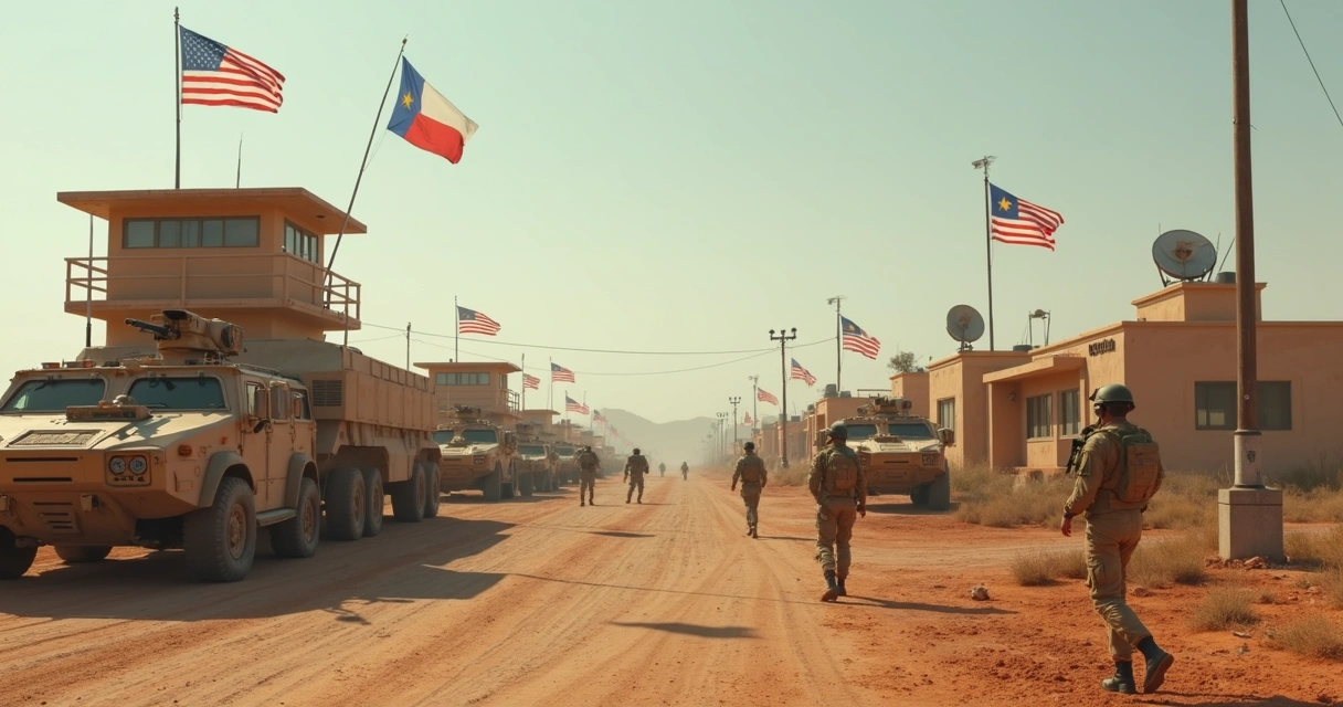 Base militar moderna com bandeiras dos EUA e América Latina 
