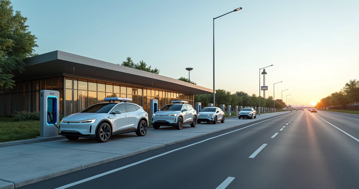 Base operacional rodoviária com frota elétrica em frente a toténs de carregamento 