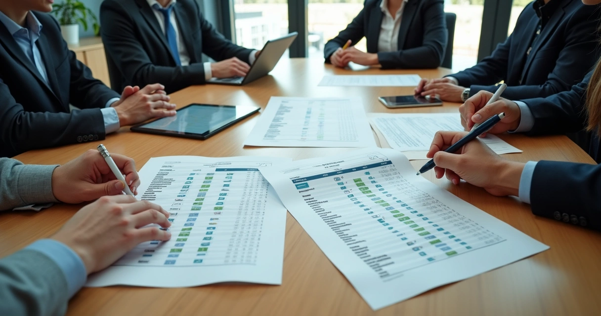 Equipe reunida analisando lista qualificada de contatos 