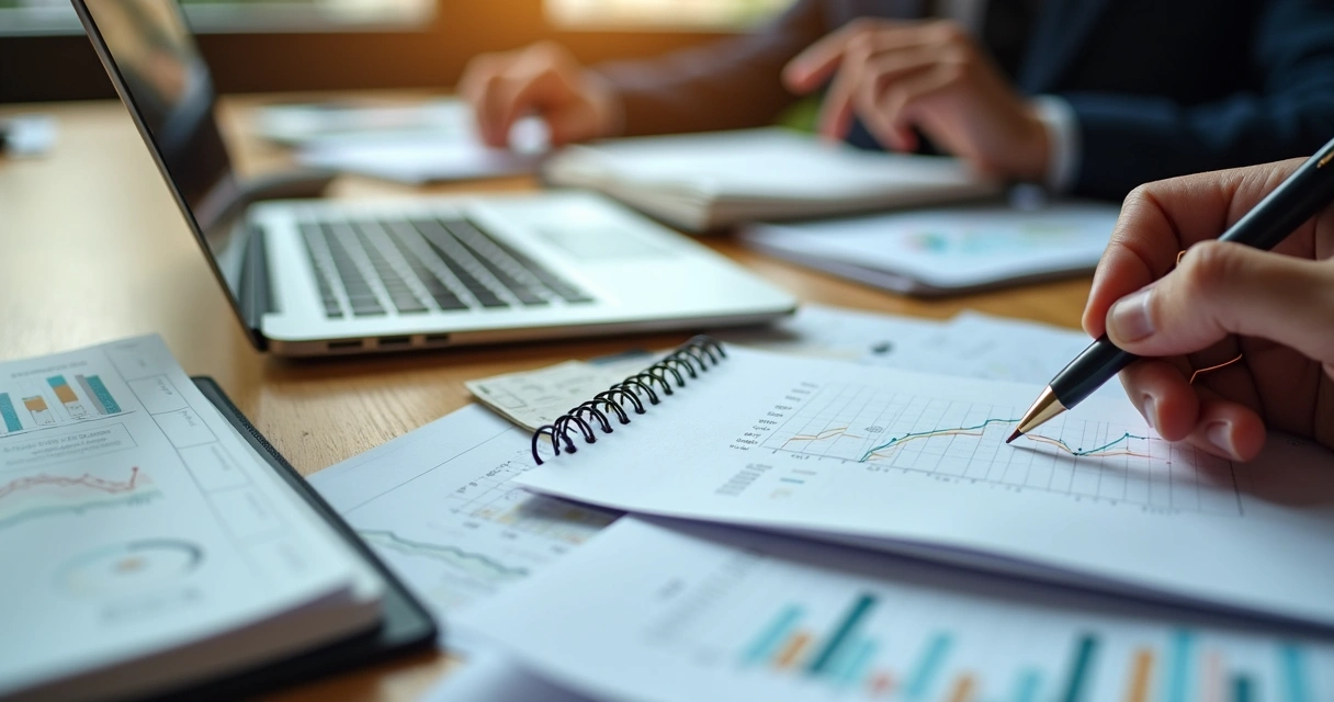 Planilhas e gráficos mostrando dados históricos de uma empresa 