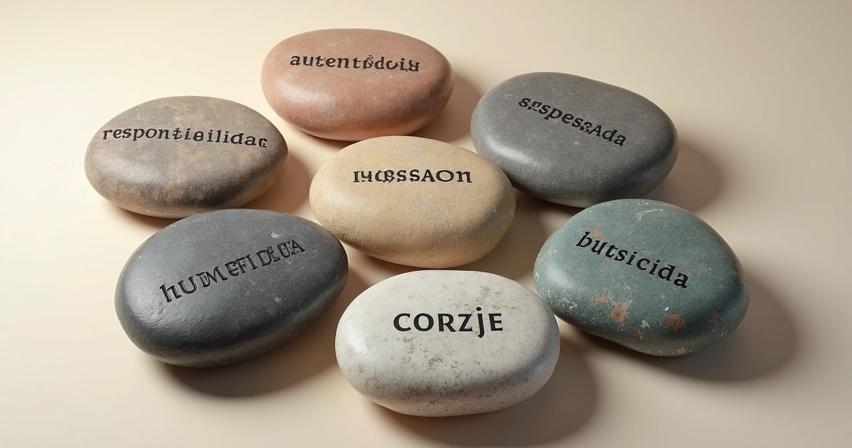 Ilustración de siete piedras pulidas en círculo, cada una con una palabra que representa una base ética, sobre fondo neutro 