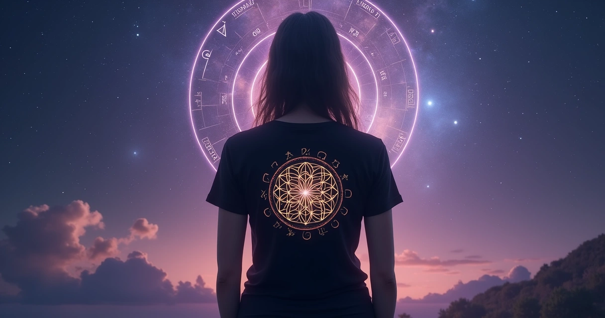Person wearing a cosmic symbol t-shirt under a starry sky with sacred geometry patterns 