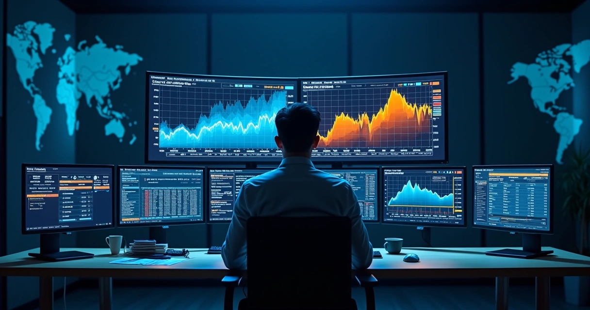 Treasury manager observing diverging price lines on digital risk dashboard 