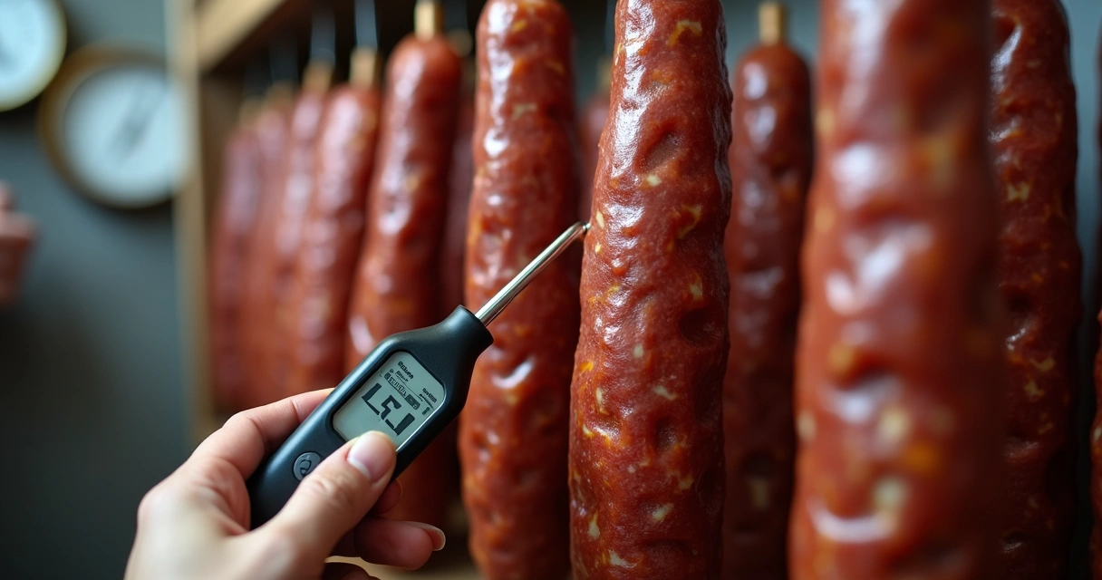 Pessoa usando bastão de medição de pH em salame caseiro 