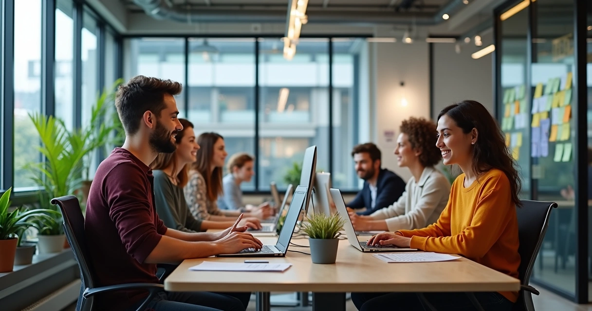 Equipe de blog trabalhando em computadores modernos 