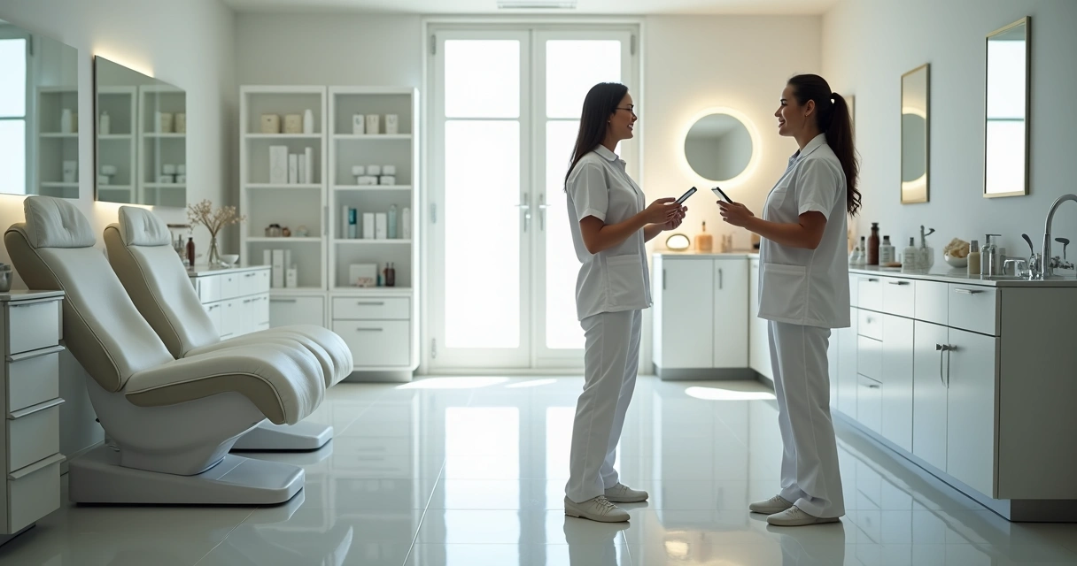 Sala de estética pronta, com equipamentos e equipe sorrindo ao fundo 