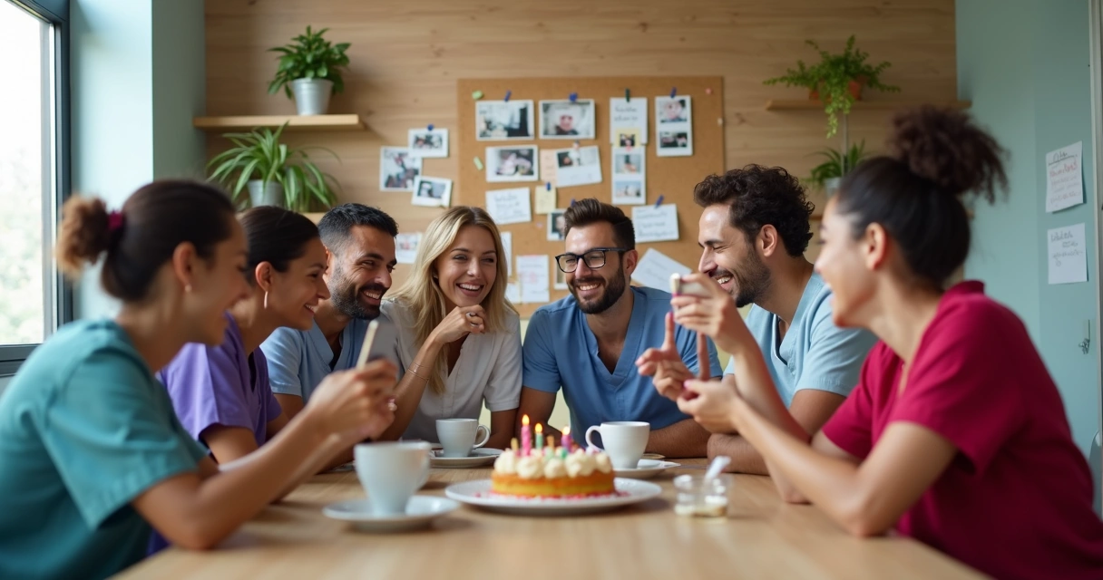 Equipe de clínica odontológica rindo em foto espontânea nos bastidores 
