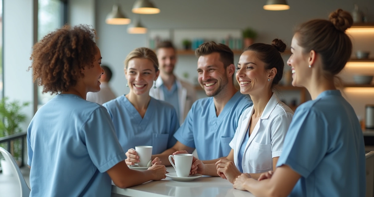 Equipe de clínica odontológica em momento descontraído na recepção 
