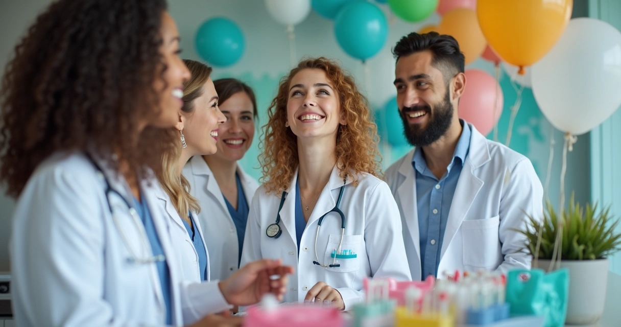 Equipe odontológica sorrindo em momento descontraído na clínica 