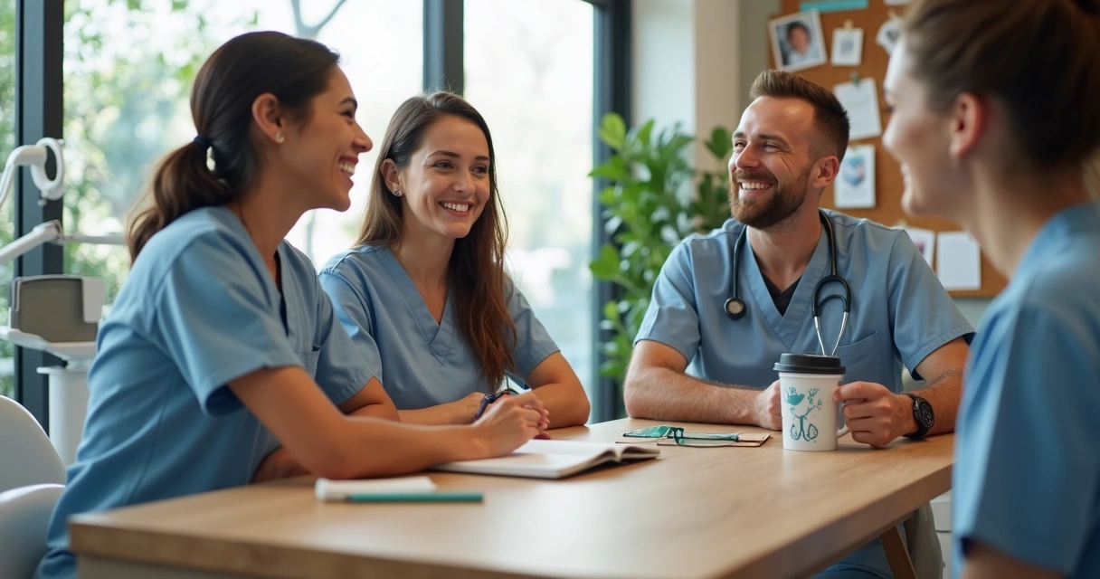 Equipe de clínica odontológica sorrindo em momento descontraído nos bastidores 
