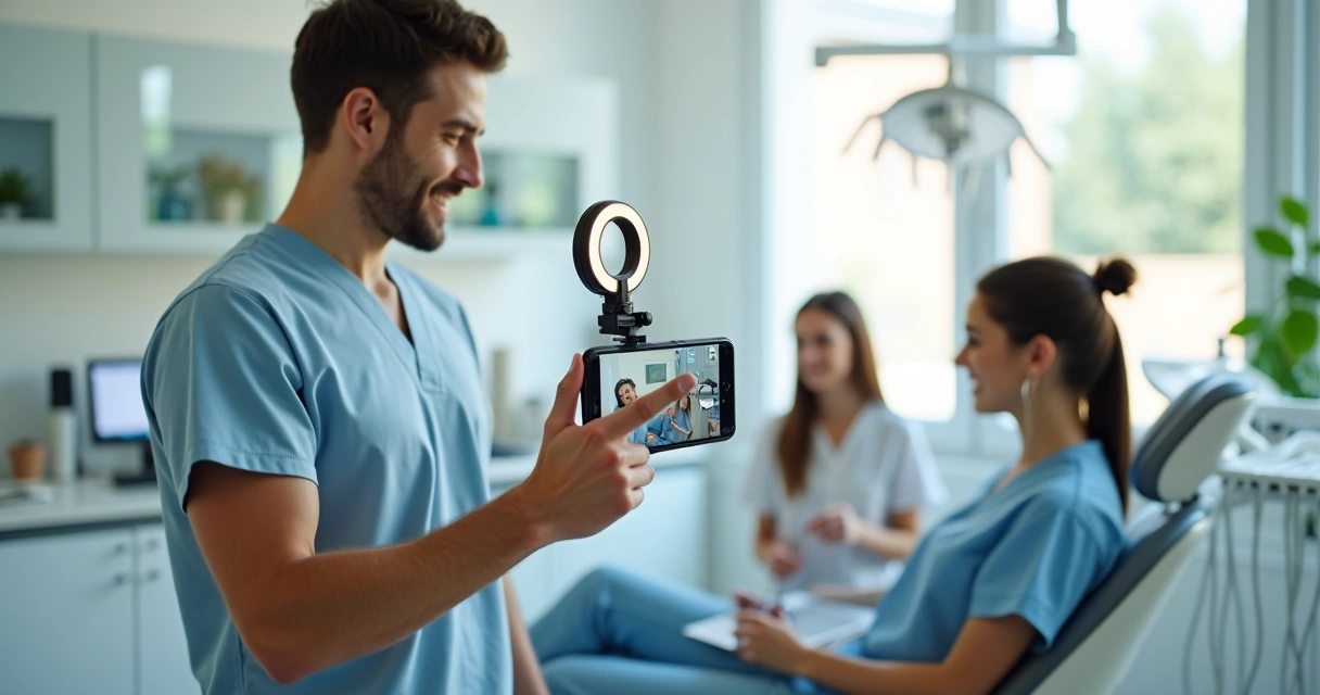 Dentista grava vídeo de bastidores com paciente em clínica odontológica moderna 