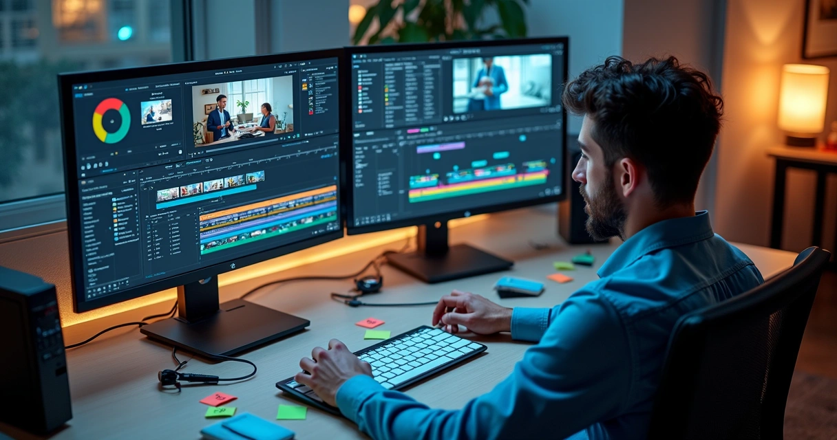 Pessoa ajustando cores em softwares de edição de vídeo, mostrando bastidores da pós-produção 