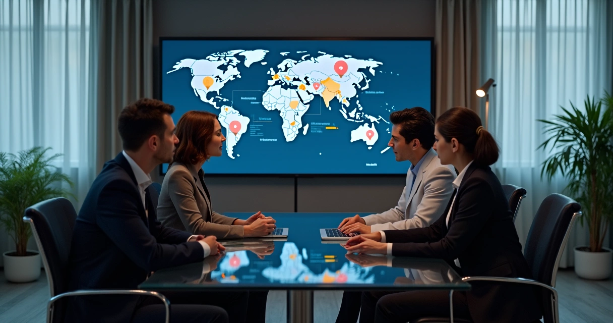 Profissionais analisando dados de eleições internacionais em grande tela de computador 
