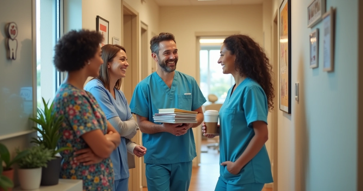 Equipe de clínica odontológica rindo em momento informal no corredor 