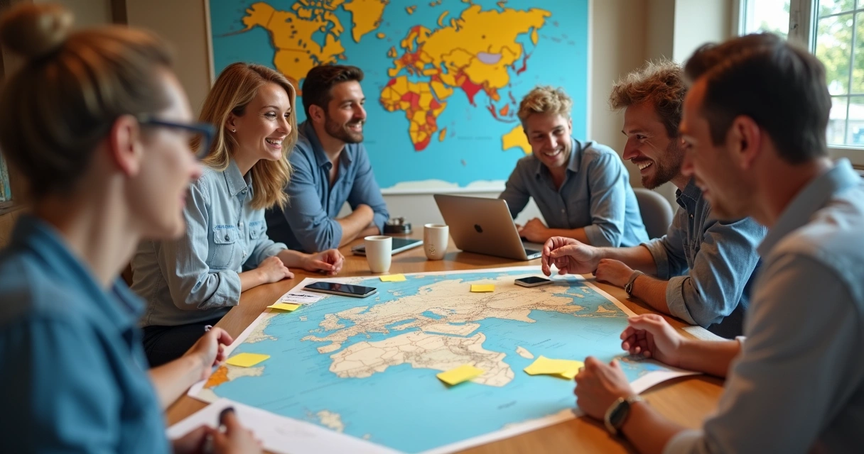 Equipe de turismo planejando expedição com mapas e computadores sobre a mesa