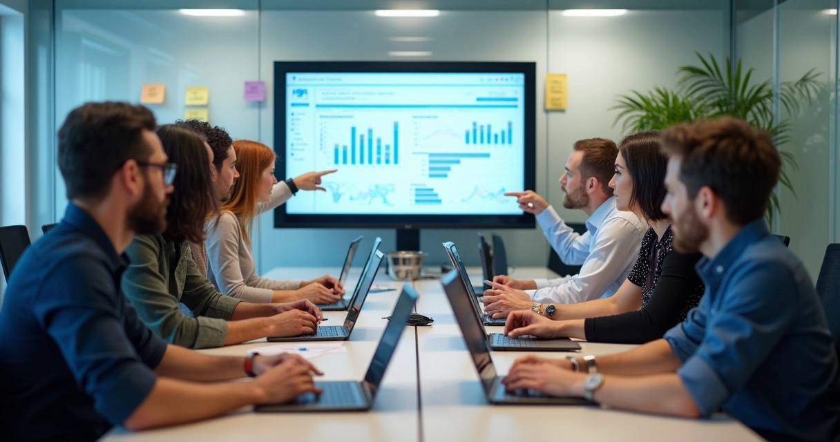 Equipe B2B analisando telas de CRM durante reunião de implementação 