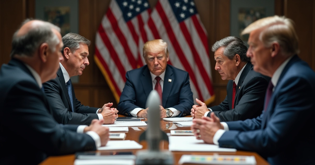 Reunião política em uma sala com bandeira dos EUA e maquete de foguete 