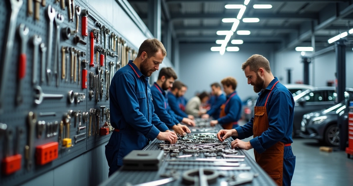 Equipe de oficina mecânica organizando ferramentas e peças 