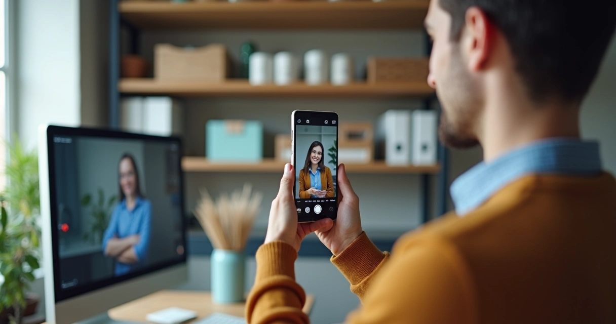 Gestor de PME gravando vídeo curto no escritório, mostrando rotina autêntica 