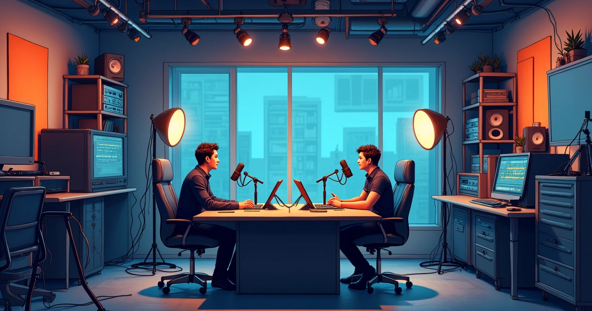 Visão dos bastidores de um podcast em estúdio, apresentadores e equipe técnica ao fundo 