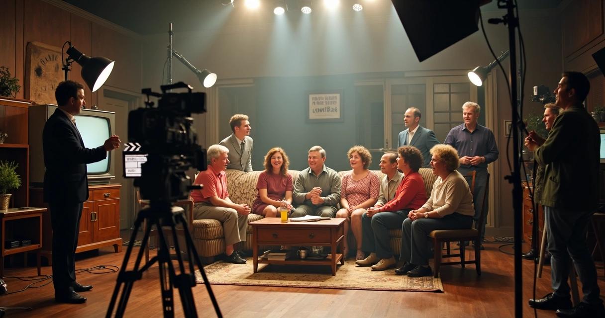 Elenco e equipe em bastidores de série antiga em estúdio de TV 