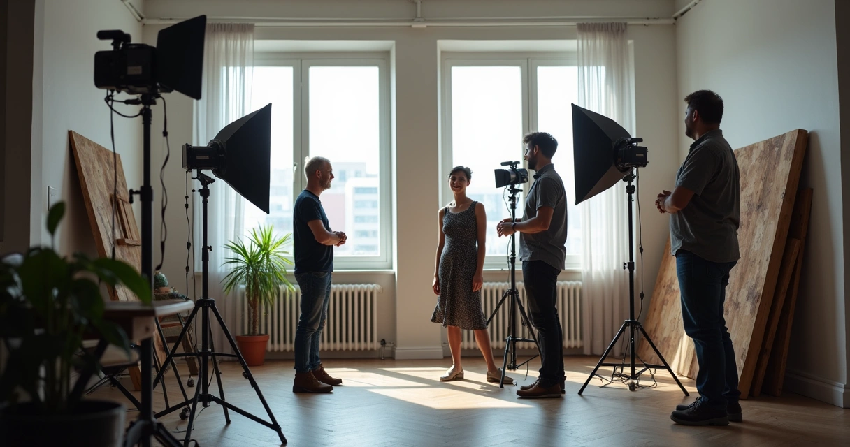 Fotógrafo ajustando iluminação em sessão de fotos com assistente ao fundo 