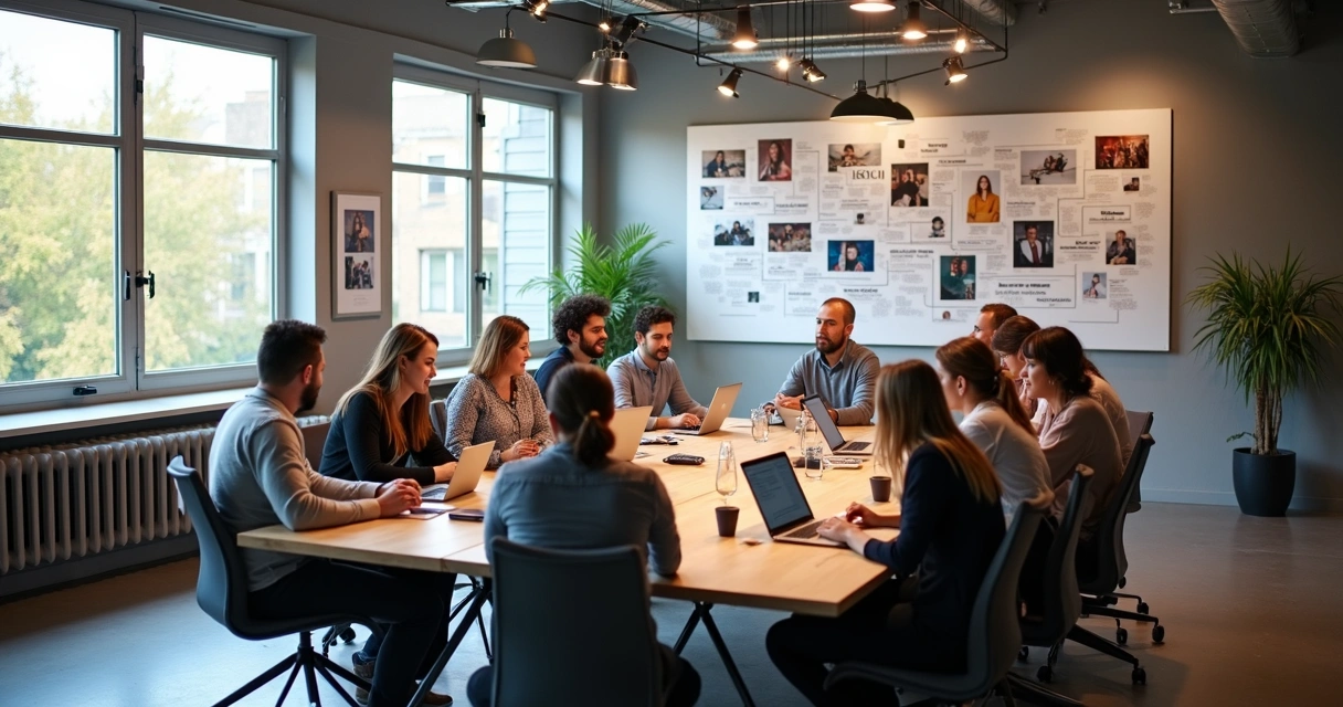 Equipe de marketing reunida trabalhando e sorrindo 