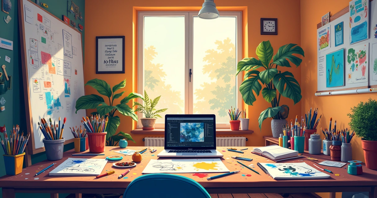 Ambiente de trabalho criativo com mesa cheia de materiais artísticos e obras, iluminado por luz natural.