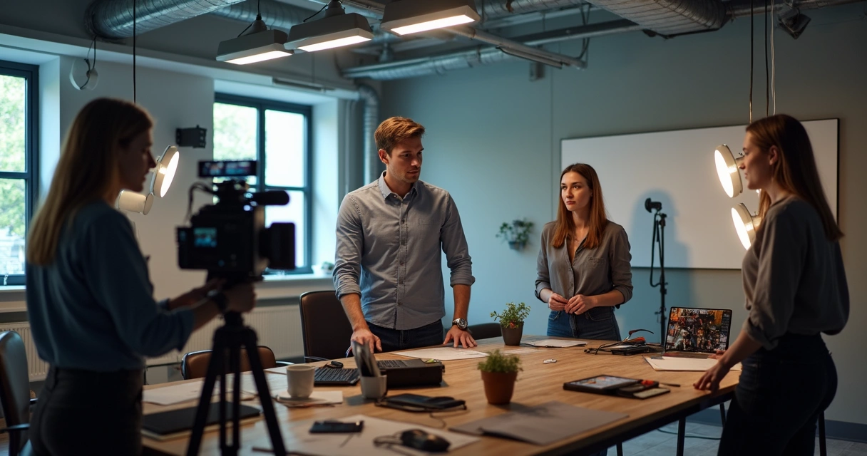 Equipe filmando em ambiente de trabalho 