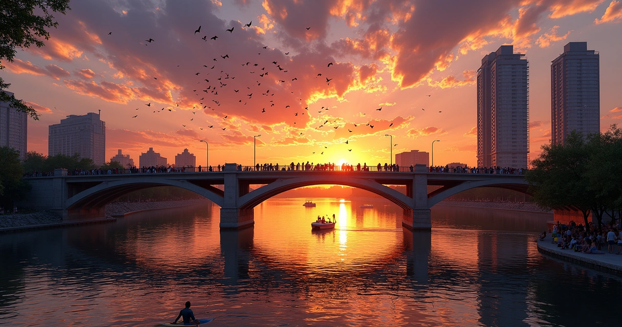 Bats flying under Congress Avenue Bridge at sunset with Austin skyline 