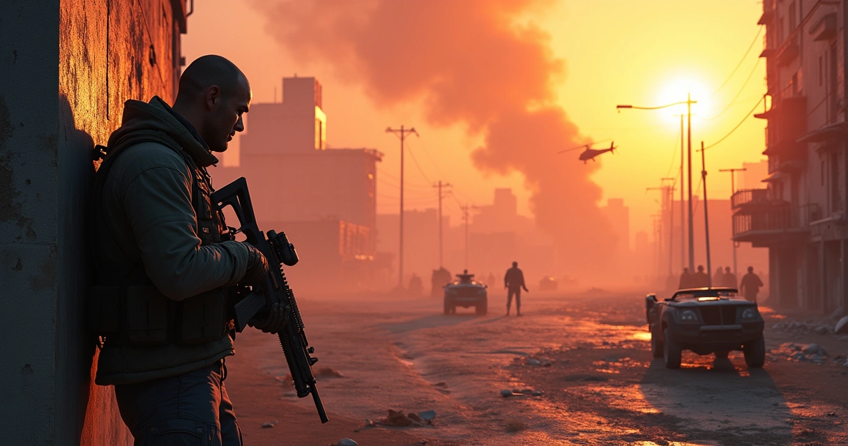 Cena de batalha em Call of Duty: Warzone, com soldados escondidos e combate em ambiente urbano devastado.