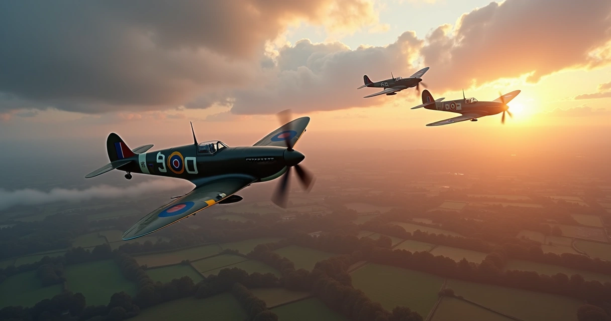 Caça Spitfire voando sobre campos britânicos