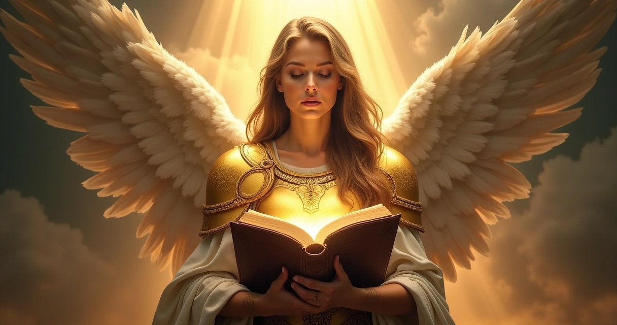Mulher cristã de pé com armadura dourada, segurando uma bíblia aberta brilhante, fundo sombrio com luz celestial 
