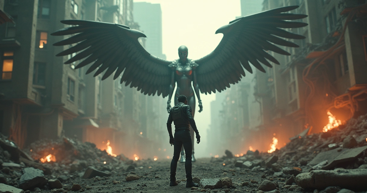 Batalha de Eva contra Anjo em cidade em ruínas 