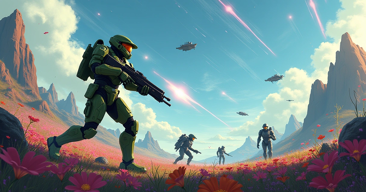 Cena de batalha em Halo Infinite com Master Chief e ambiente alienígena vibrante.