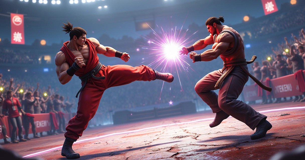 Cena de batalha intensa em Tekken 7, com personagens lutando em uma arena vibrante, efeitos visuais de ação.