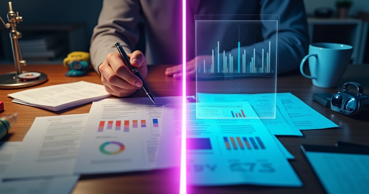 Divisão entre análise manual de currículos em papel e sistema de IA com gráficos em painel digital 