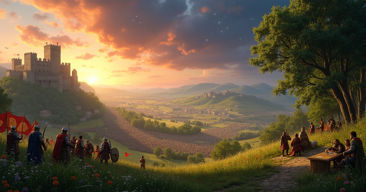 Paisagem de batalha medieval com soldados em combate e estrategistas discutindo no fundo.