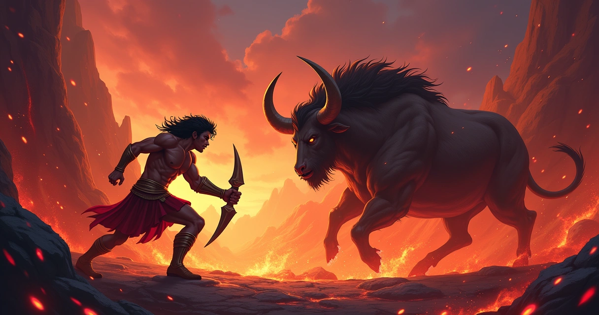 Um jovem guerreiro em batalha no submundo de Hades, com lava e criaturas mitológicas ao fundo.