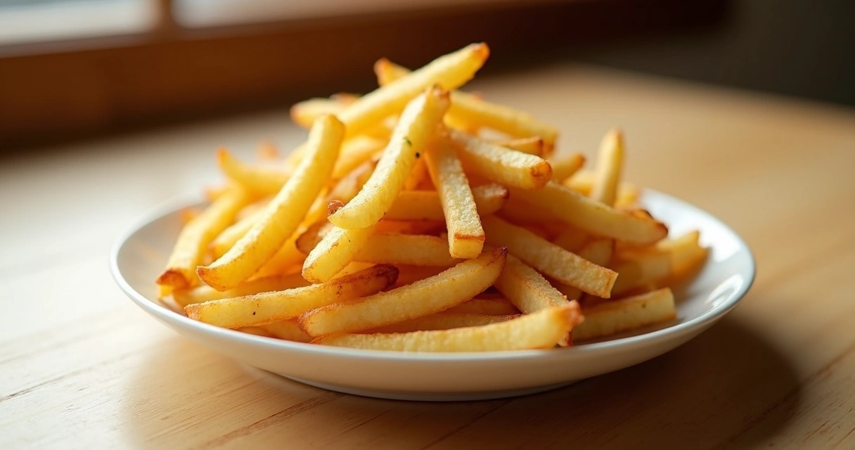 Porção de batata frita dourada e crocante servida em prato branco sobre mesa de madeira clara 