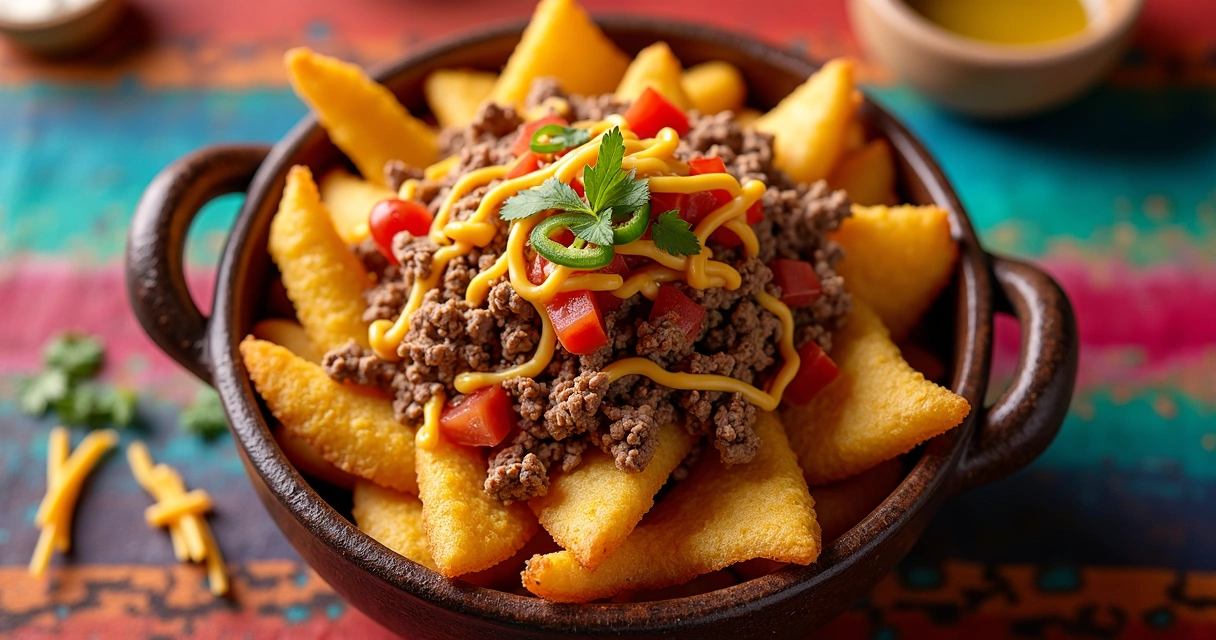 Prato de Nacho Fries com carne desfiada, queijos, pico de gallo e molho de jalapeño 