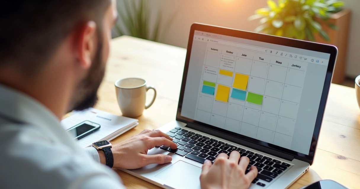 Homem planejando estratégia de conteúdo com agenda semanal na mesa, usando laptop com posts digitais 