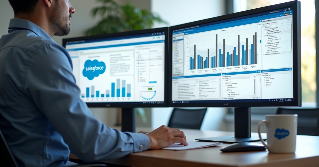 Profissional analisando painel de execução de batch no Salesforce 
