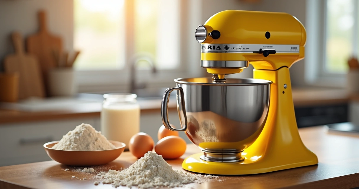 Batedeira amarela em bancada de cozinha ao lado de ingredientes. 