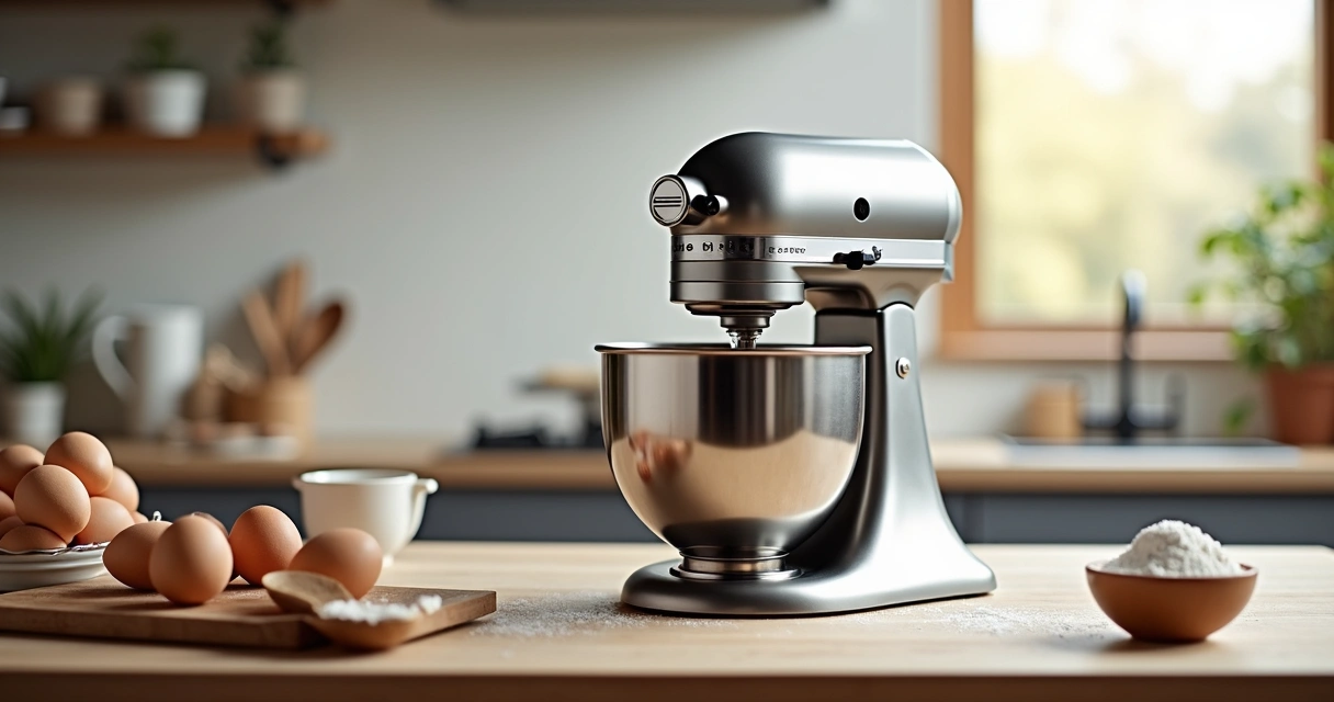 Batedeira planetária inox em cozinha moderna, sobre bancada de madeira 